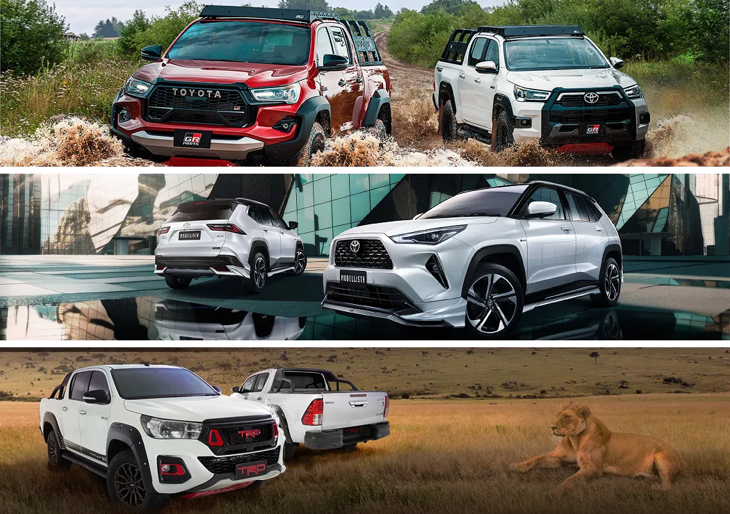 GR Parts, Modellista, and TRD brand logos showcasing premium automotive accessories